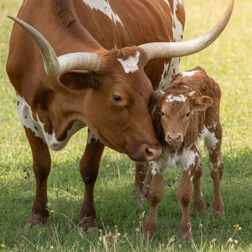 A Texas Longhorn cow and her newborn calf standing close together in a pasture, the calf's tiny horn nubs just visible