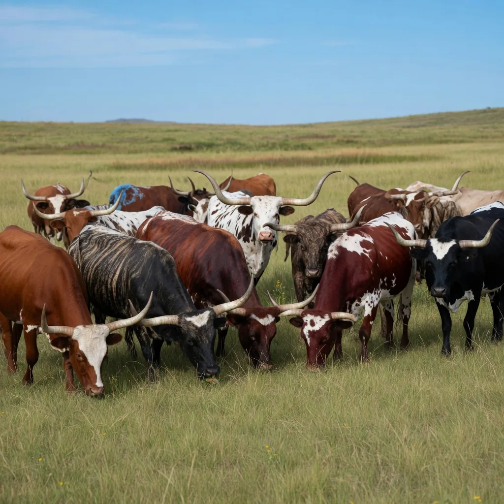 A herd of Texas Longhorn cattle showing a wide variety of coat colors, dark red, black, brindle, and white-spotted