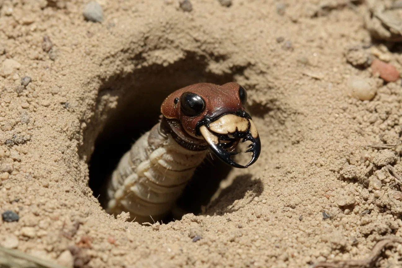 Tiger beetle larva peering out of its cylindrical burrow in sandy soil, showing its flat broad head and powerful mandibles