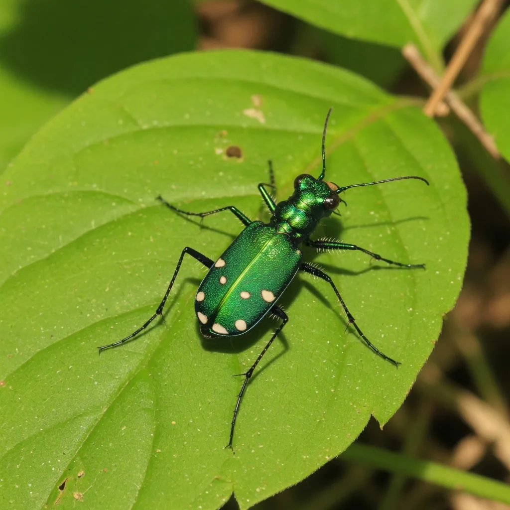 Six-spotted tiger beetle (Cicindela sexguttata) on a leaf showing its brilliant metallic green body and white spots on wing covers