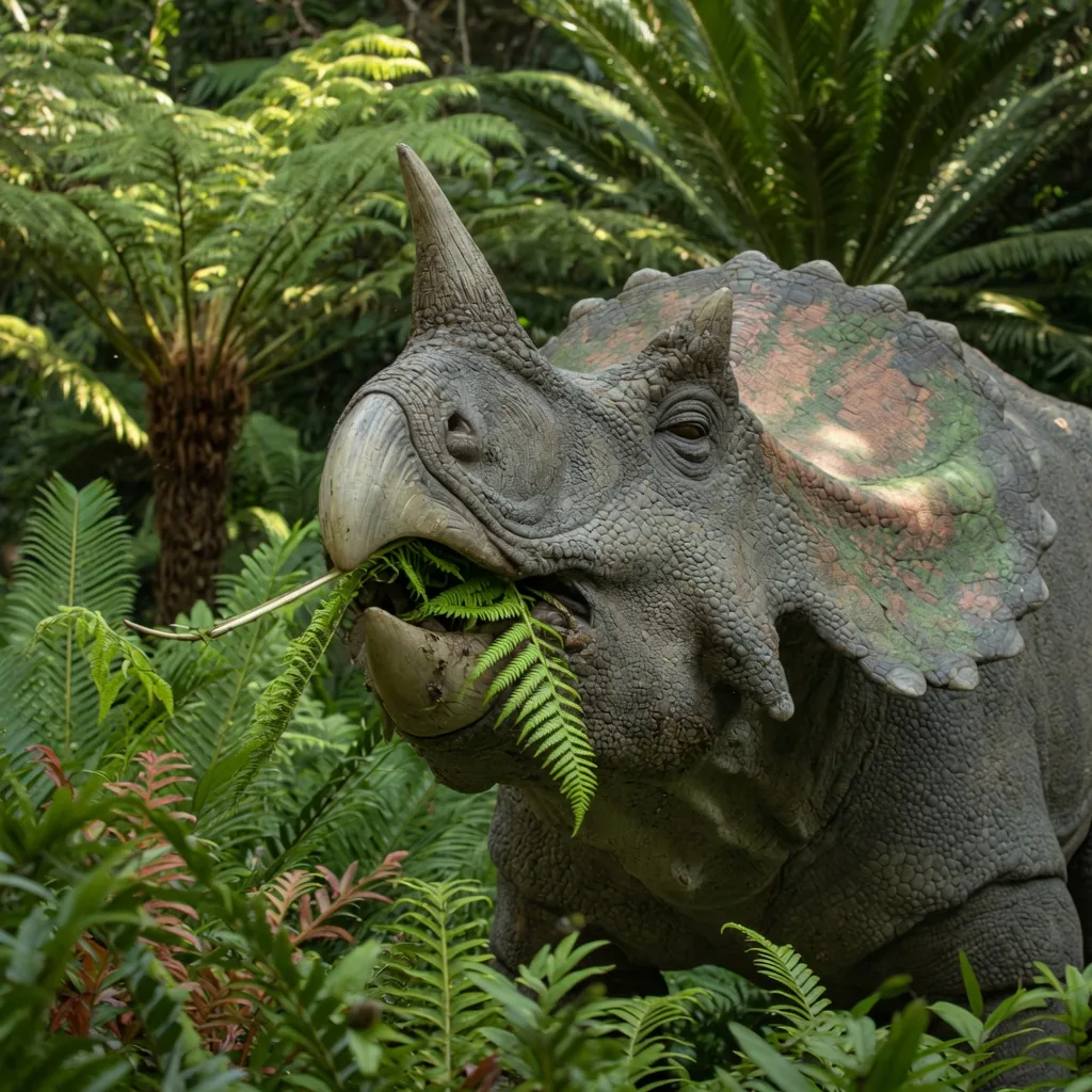 Triceratops grazing on prehistoric cycad ferns, showing its parrot-like beak adapted for clipping tough vegetation
