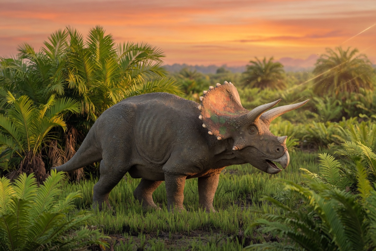 A Triceratops stands amidst lush green ferns and palm trees under a vibrant orange sunset sky.