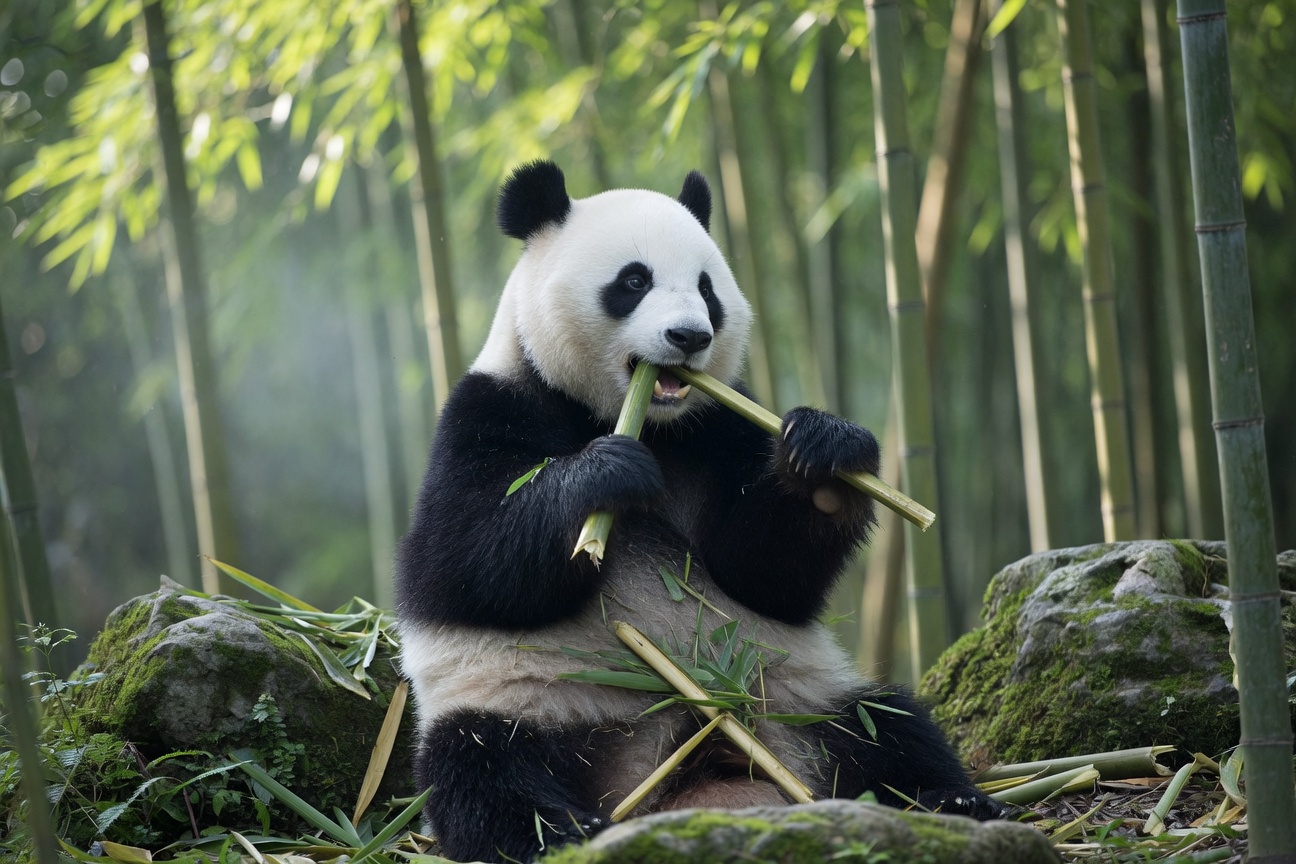 A giant panda sits in a bamboo forest eating a stalk of bamboo surrounded by mossy rocks.