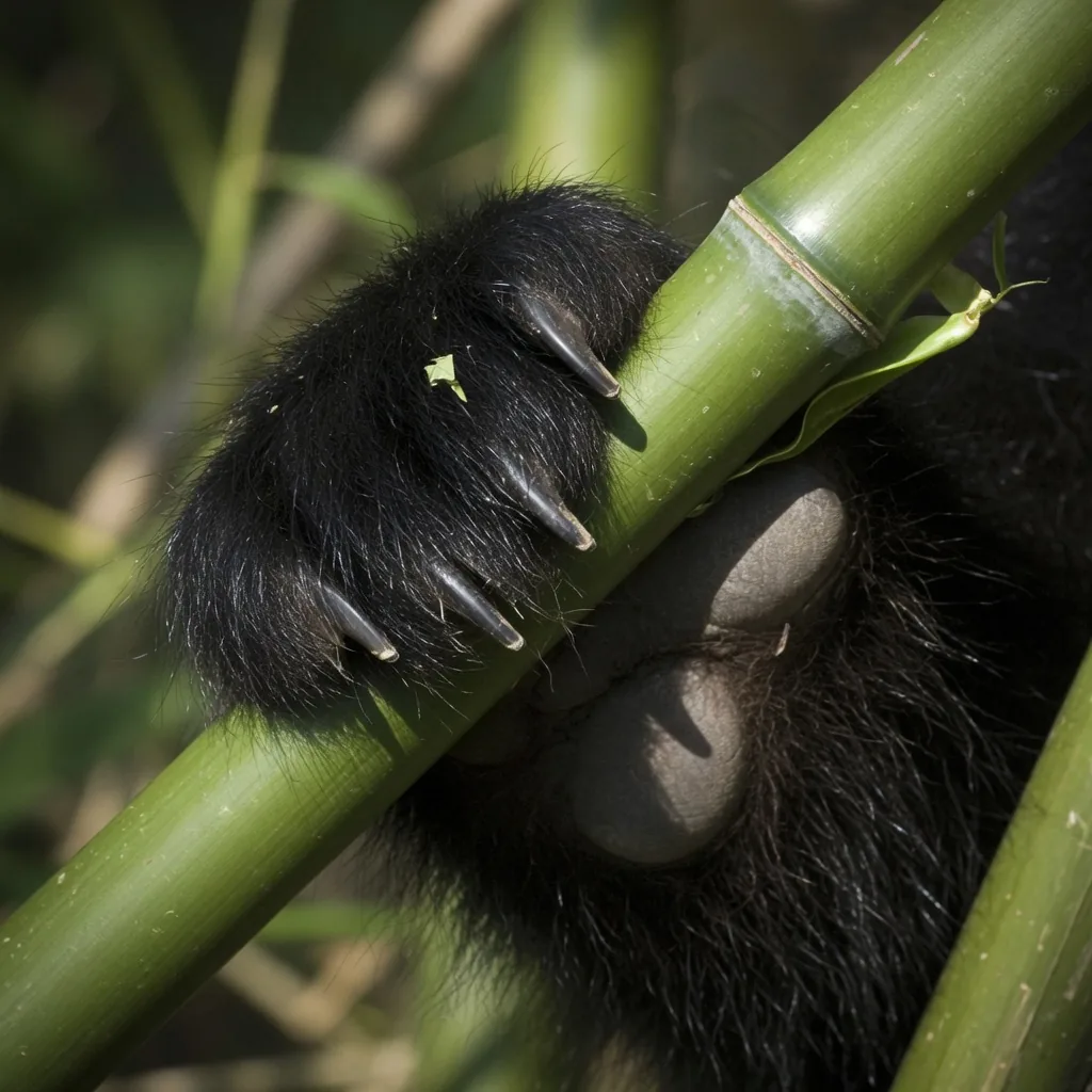 Close-up of a giant panda's front paw gripping bamboo, showing the enlarged wrist bone used as a pseudo-thumb