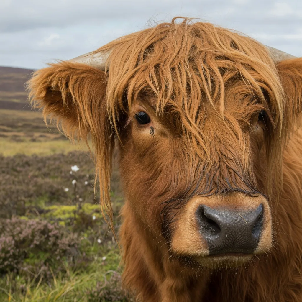 Close-up of a Highland cattle cow showing the thick forelock fringe (dossan) covering her eyes