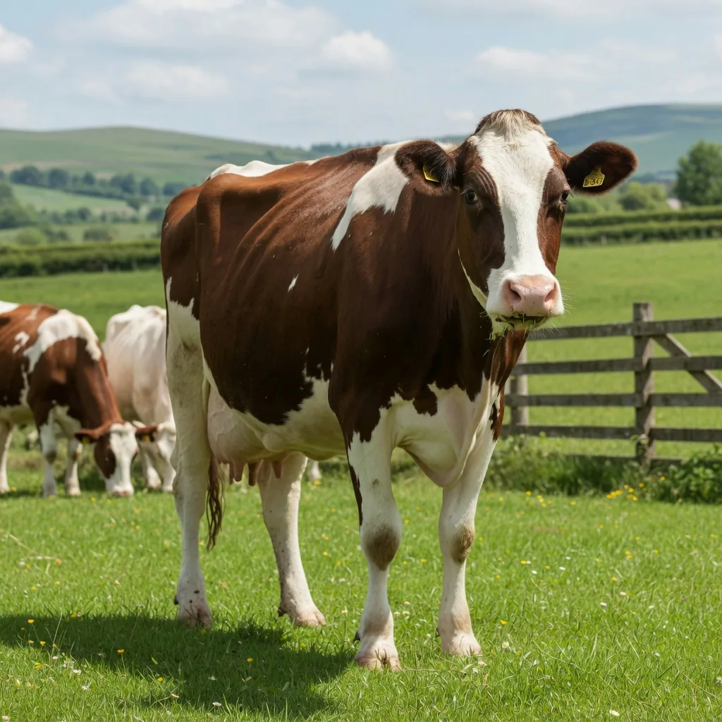 A red-and-white Hereford dairy cow standing in a green pasture with the herd grazing behind it