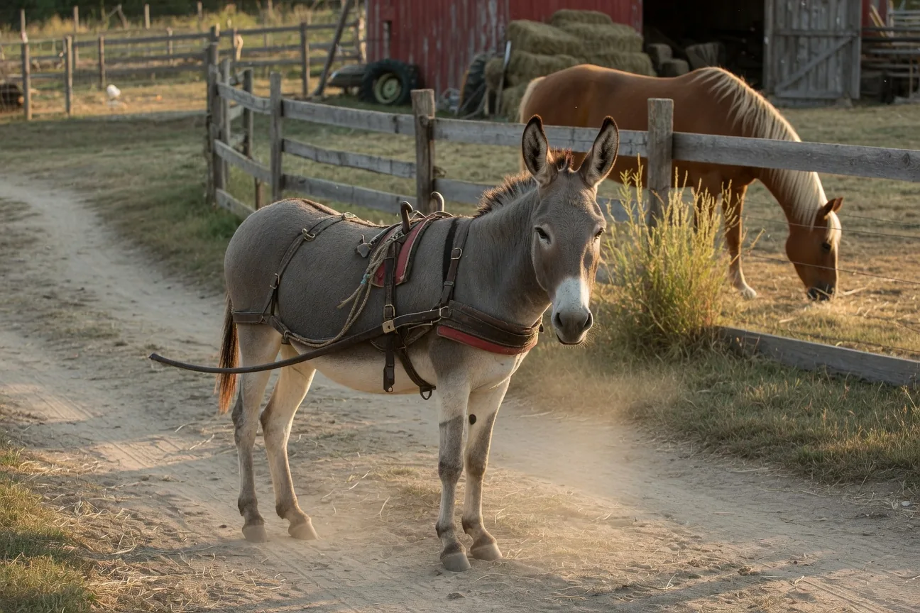 A harnessed gray donkey standing on a farm track with a horse grazing behind a wooden fence