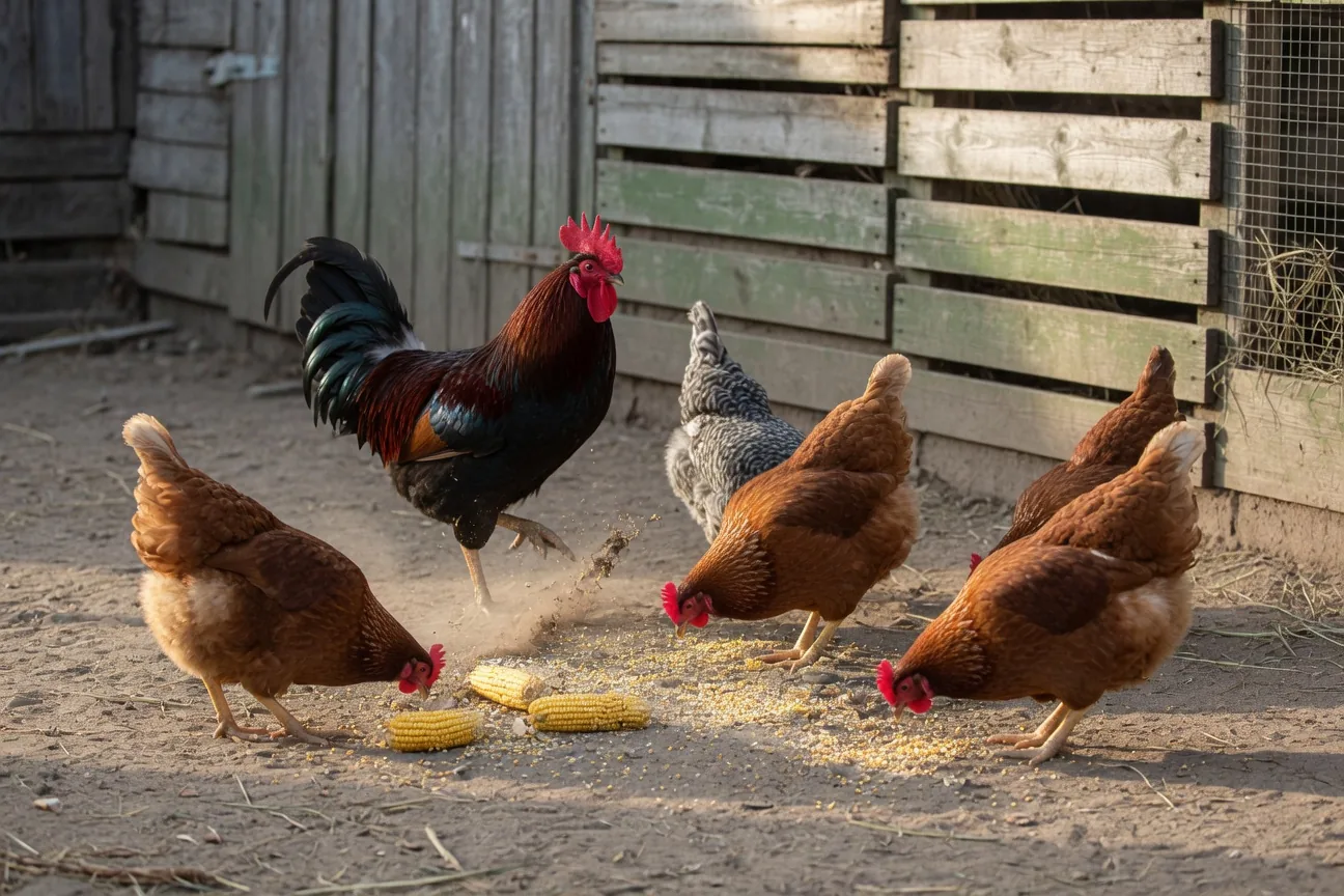 A rooster and several hens pecking at corn in a farmyard outside a wooden coop