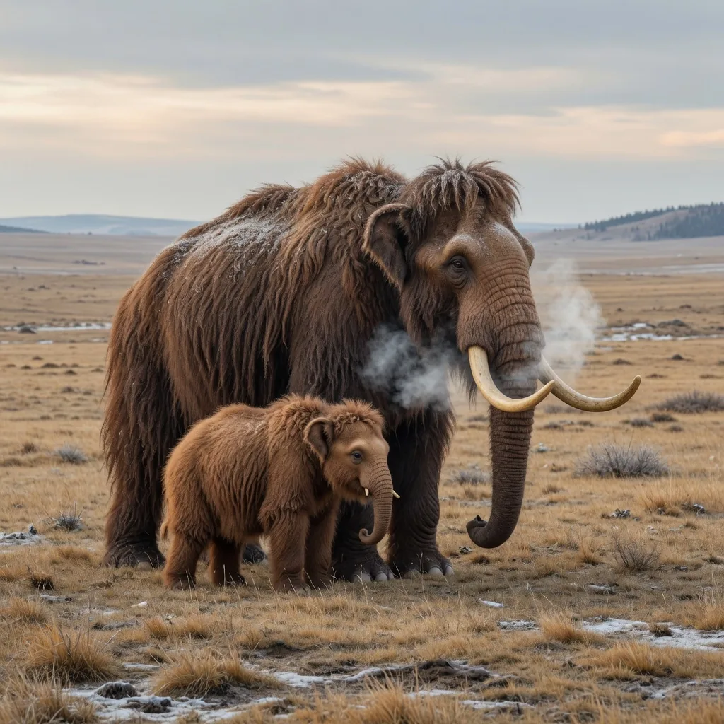 A mother woolly mammoth and her calf on the Ice Age steppe