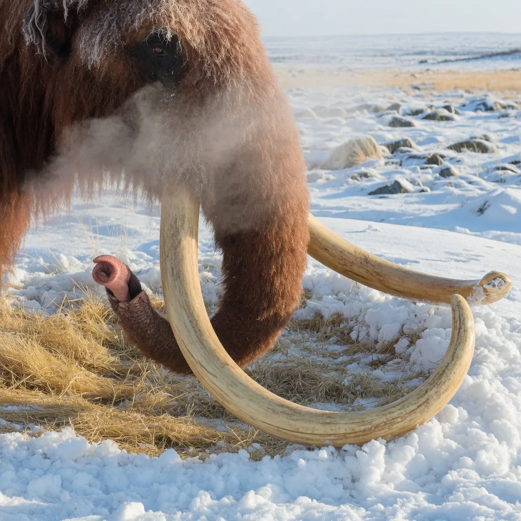 A woolly mammoth using its curved tusk to sweep snow aside and expose frozen grass