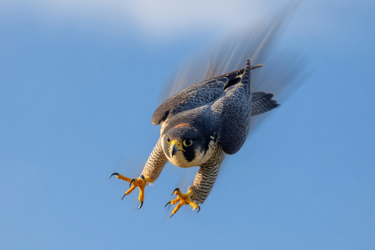 A peregrine falcon dives through a clear blue sky with talons extended.