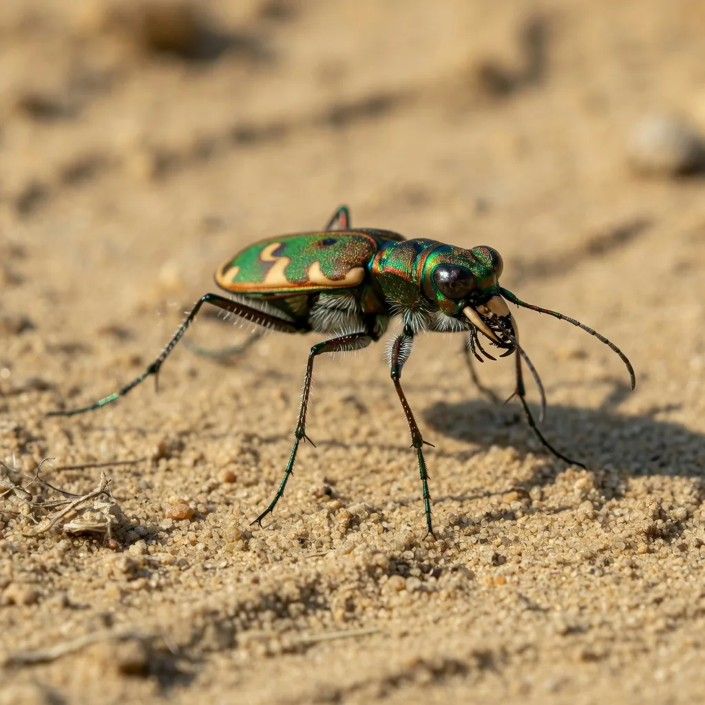 Tiger beetle macro photograph showing iridescent exoskeleton and powerful mandibles