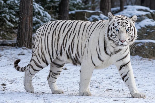 A white tiger with blue eyes walks through a snowy forest.