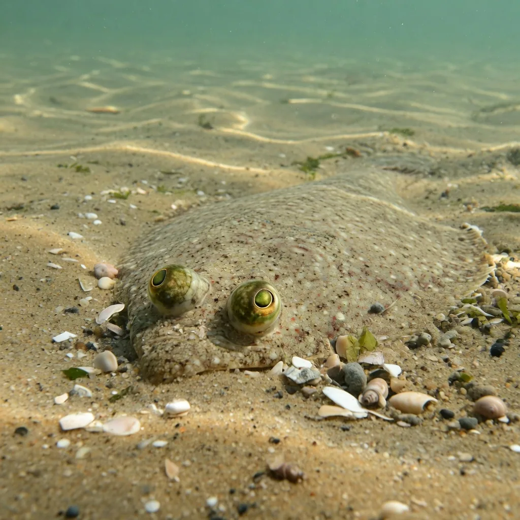 A flounder buried in sand with only its two bulging eyes visible above the surface, nearly invisible against the sea floor.
