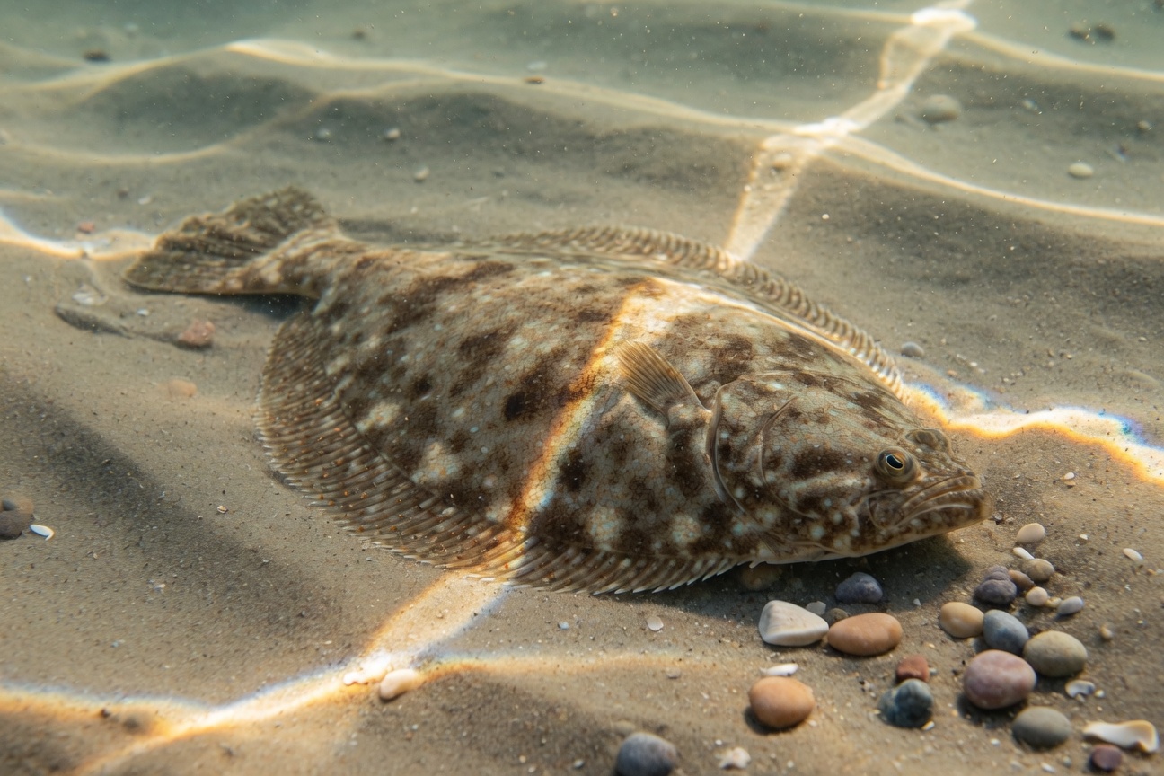 A mottled brown and white flounder rests on a sandy ocean floor surrounded by small pebbles and sunlight patterns.