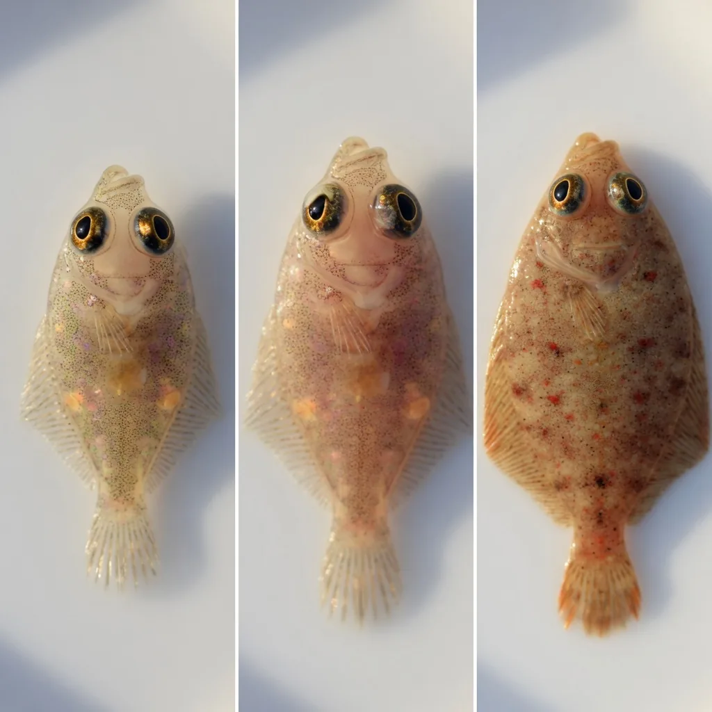 Three juvenile flounders laid flat on a white surface, photographed from above to show how the flattened oval body develops as a young flounder grows.
