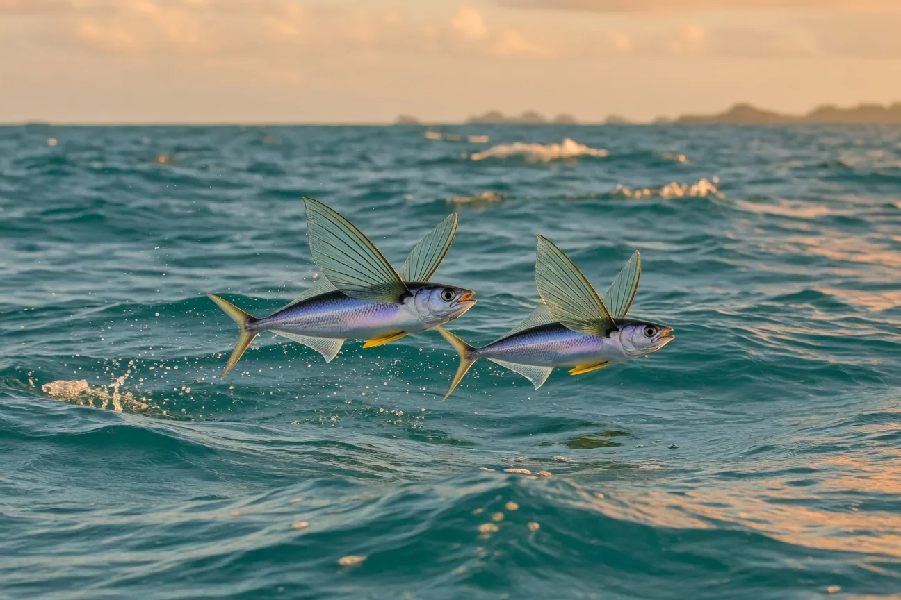 Two flying fish skimming above the ocean surface with pectoral fins fully spread, golden evening light