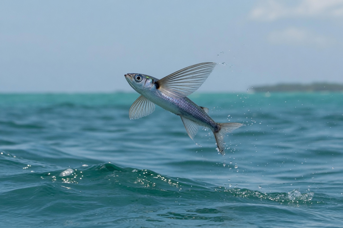 A silver flying fish glides above turquoise waves with its large pectoral fins extended like wings.