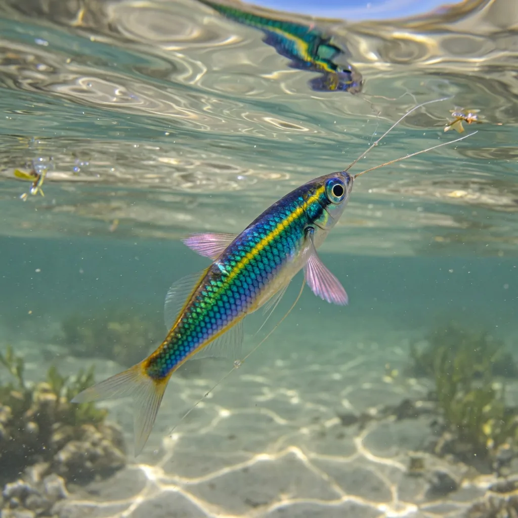 A juvenile flying fish with colorful iridescent scales and long whisker-like filaments near the ocean surface