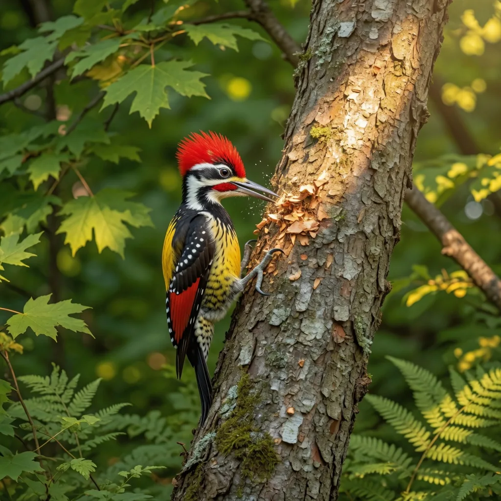 Black, yellow and red woodpecker drilling into a tree trunk, wood chips flying
