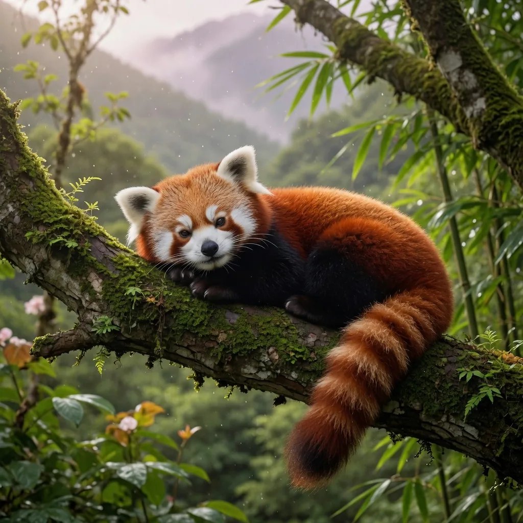 Endangered red panda resting on a mossy branch in a misty mountain forest