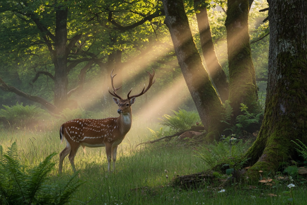 A spotted fallow deer buck stands in a sunlit forest clearing surrounded by ferns and mossy trees.