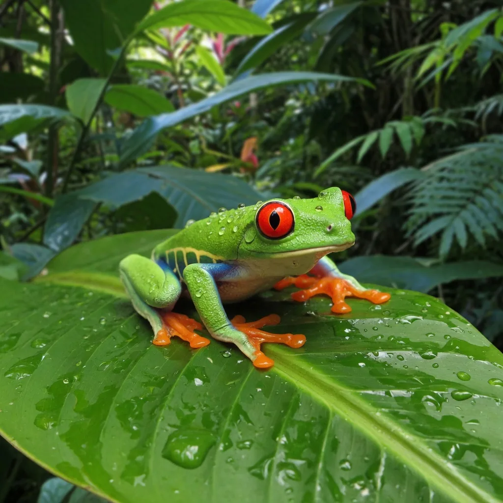 Bright green red-eyed tree frog with orange feet perched on a wet rainforest leaf