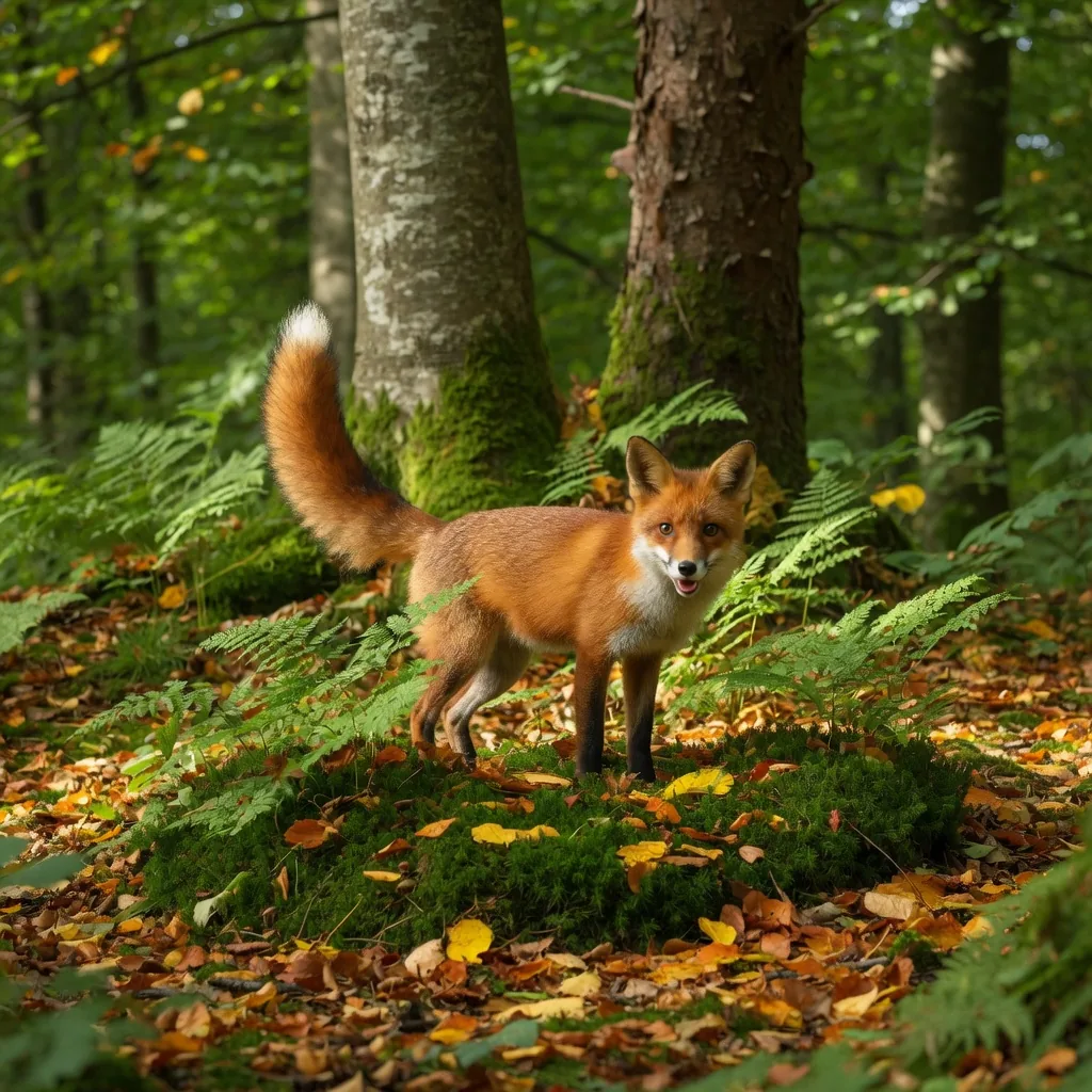 Red fox standing on a moss-covered forest floor scattered with autumn leaves
