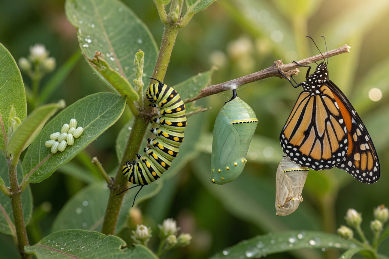 Monarch butterfly life cycle showing eggs, caterpillar, chrysalis, and adult emerging on a green plant.