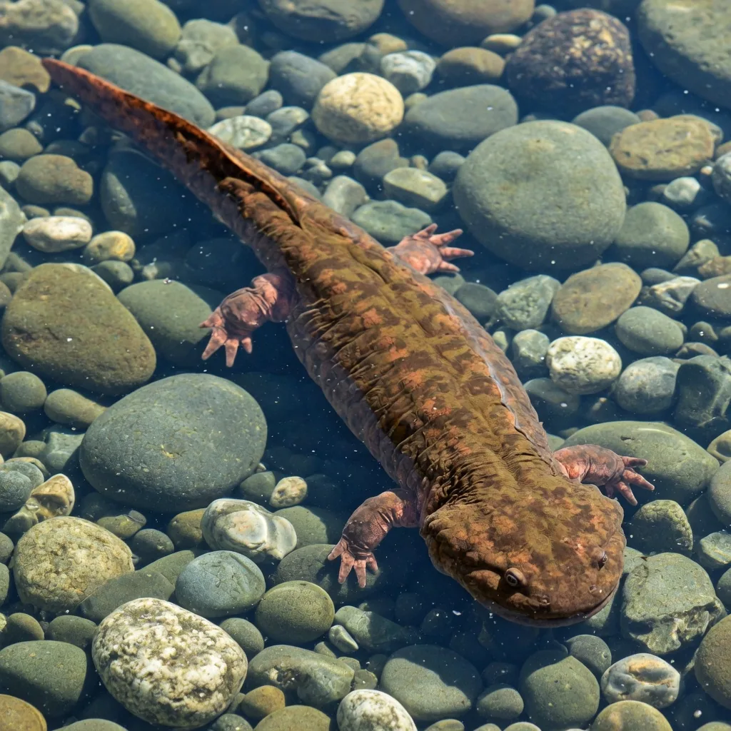 Chinese giant salamander in a rocky mountain stream