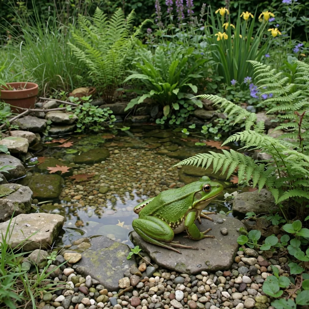 Backyard garden frog pond with shallow gravel edges and aquatic plants