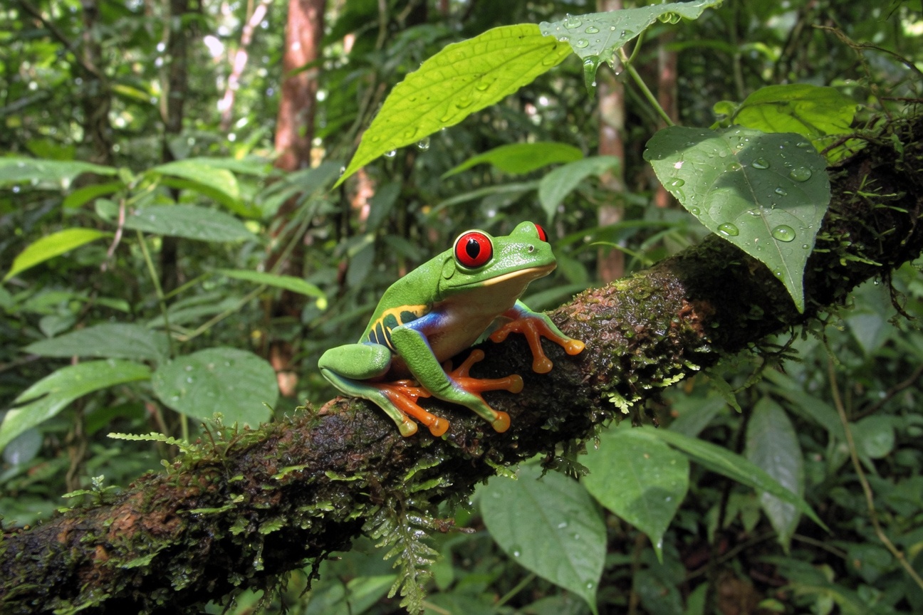 A red-eyed tree frog with bright orange feet sits on a mossy branch surrounded by green leaves and water droplets.