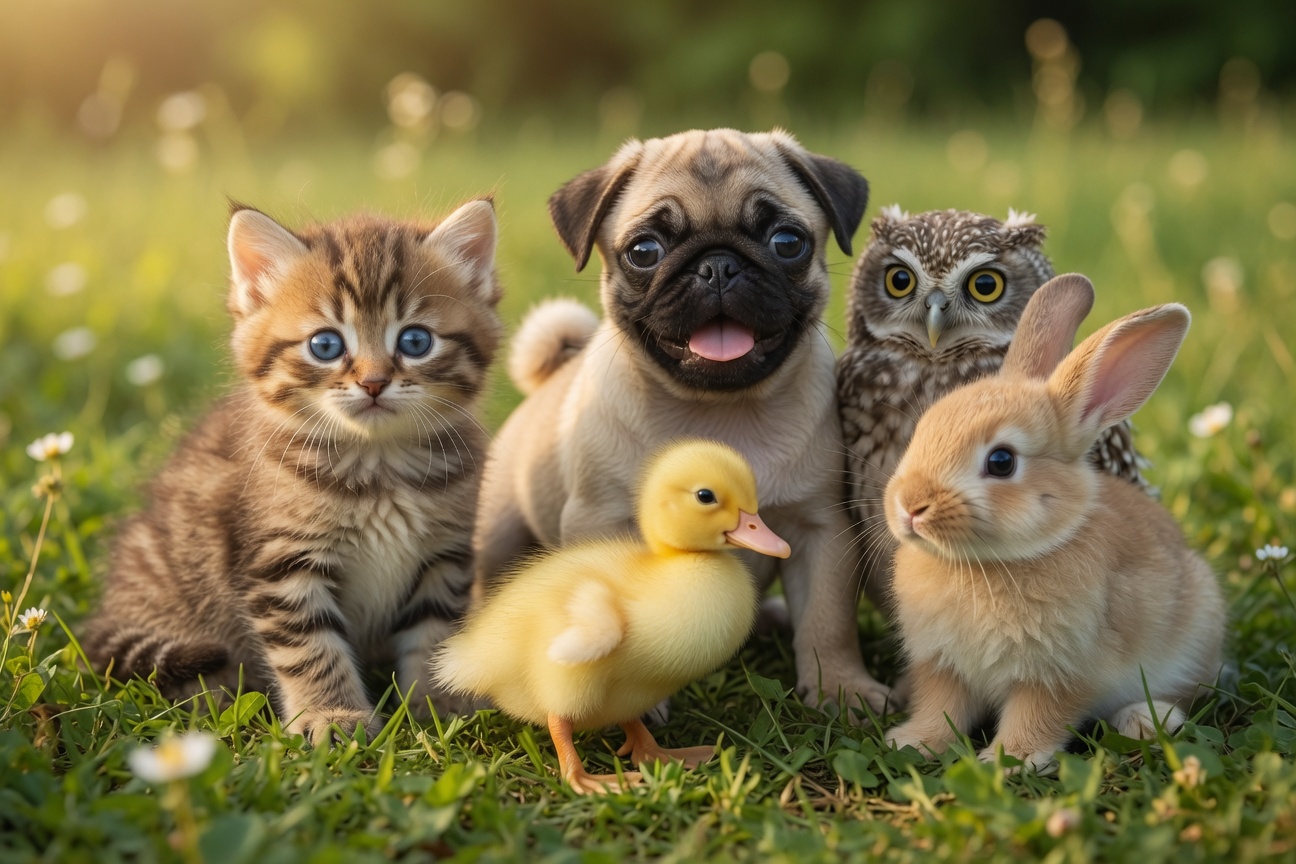 A tabby kitten, pug puppy, yellow duckling, owl, and rabbit sit together in a sunny grassy field.