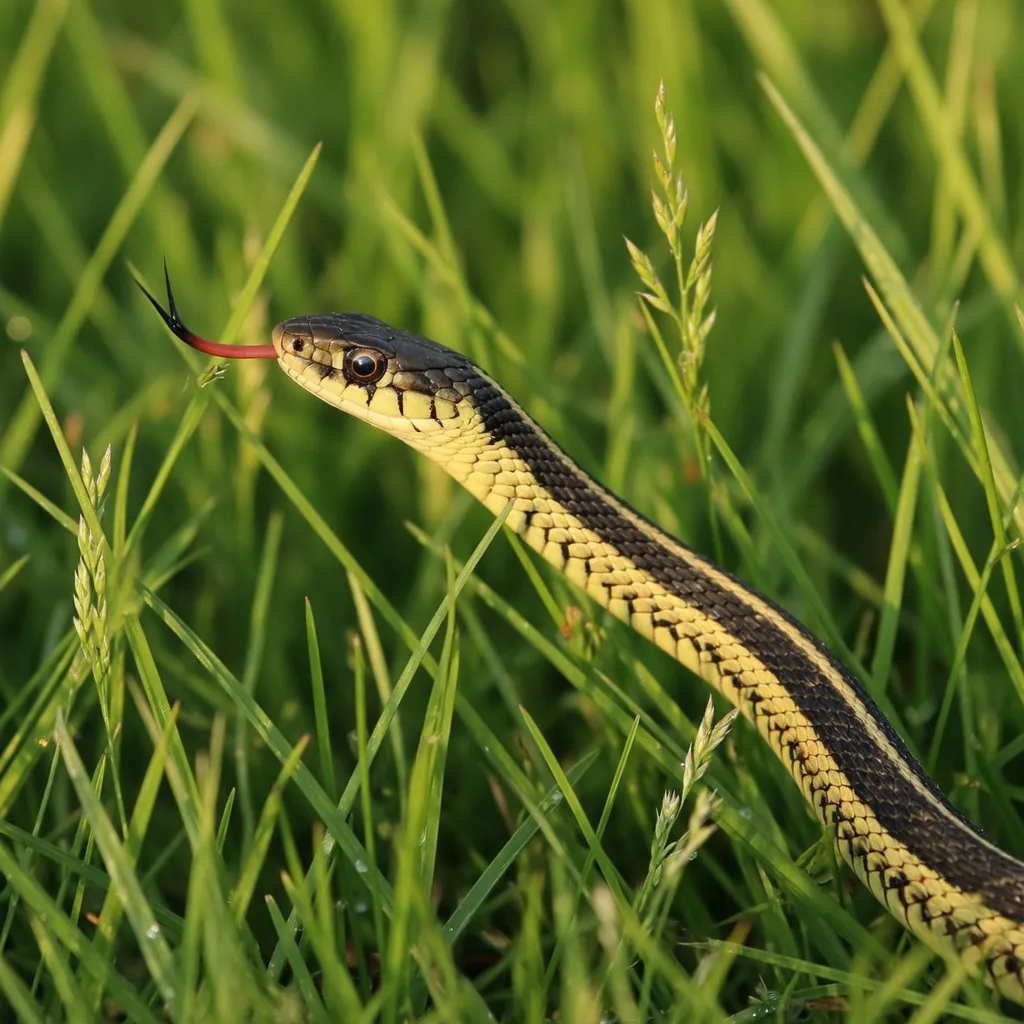 A common garter snake gliding through green grass, showing its three yellow stripes.
