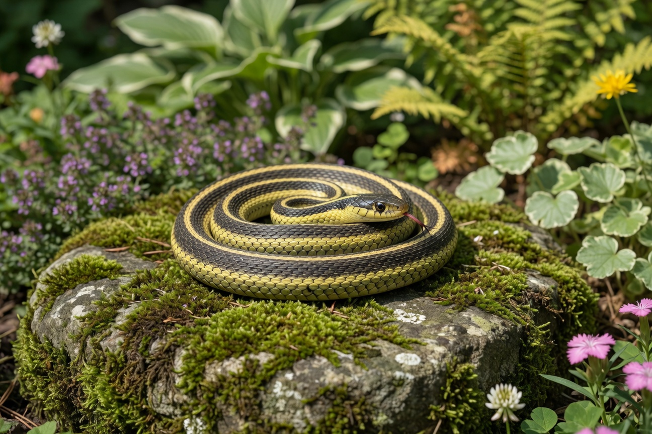 A yellow and black striped snake coils on a moss-covered rock surrounded by garden plants and flowers.