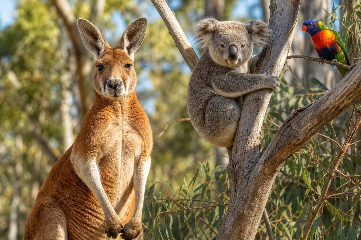 A collage of native Australian animals including a kangaroo, koala, and parrot