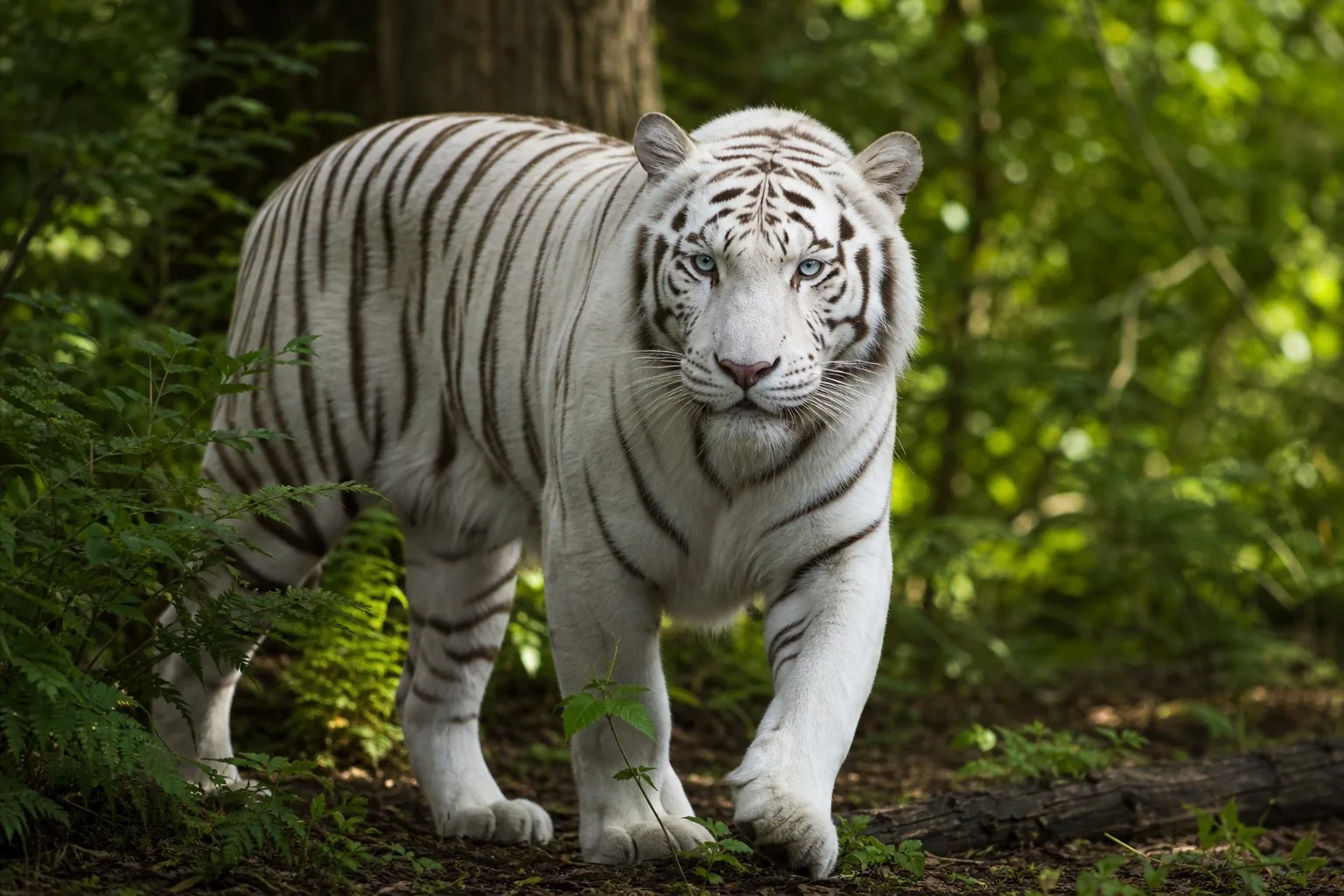 A white tiger walking through green forest habitat