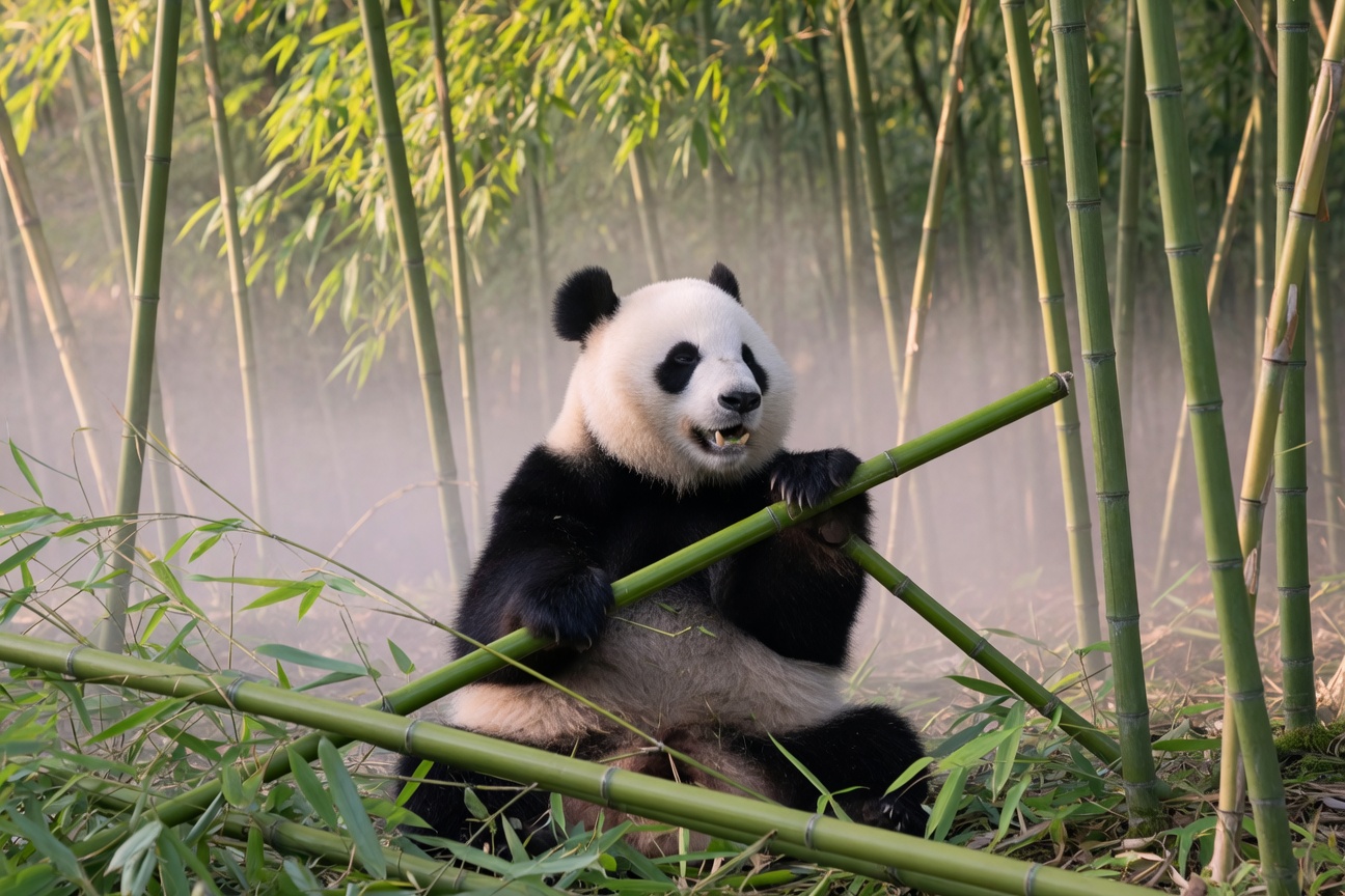 A giant panda sits in a bamboo grove holding a stalk of bamboo.