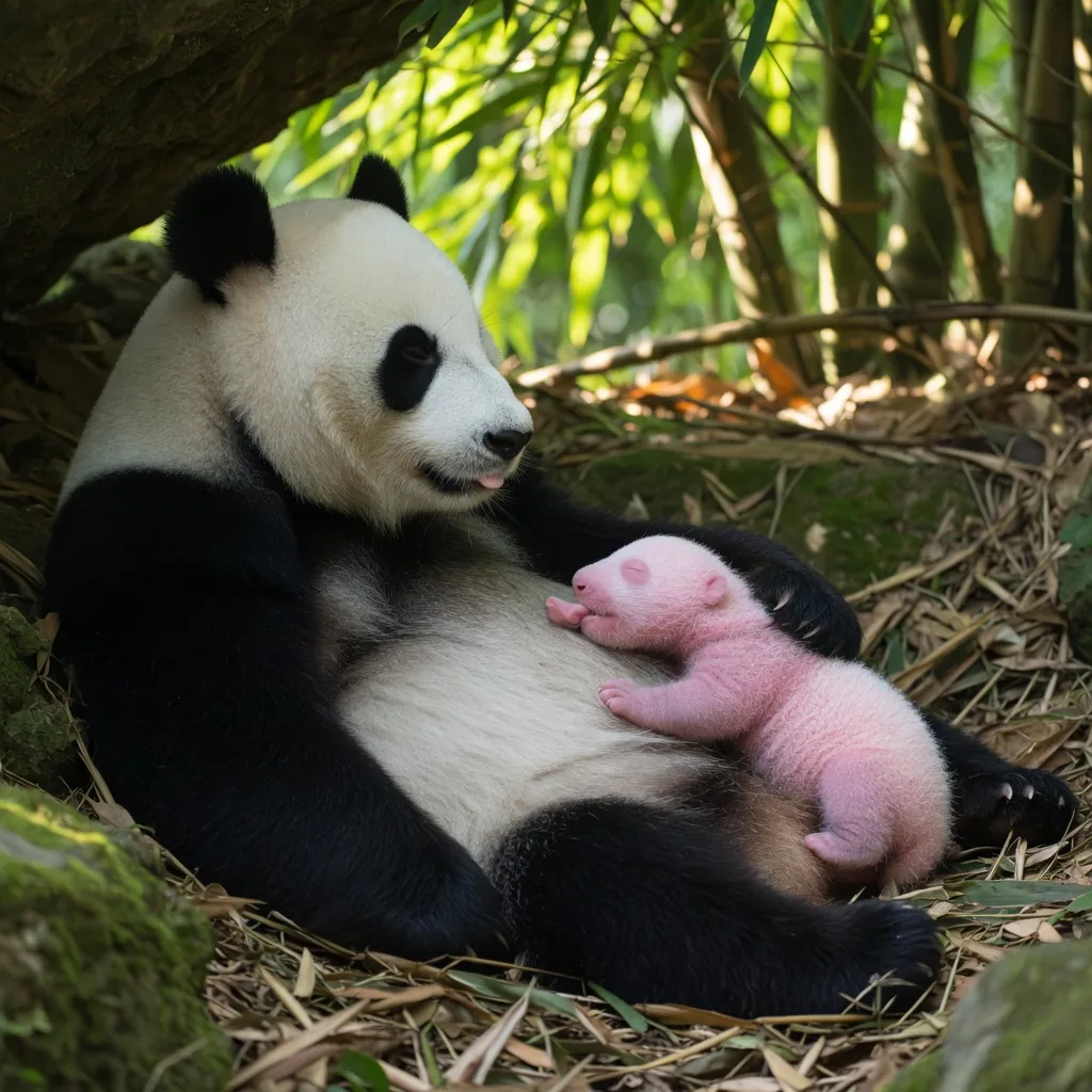 A giant panda mother with her newborn cub in a forest den