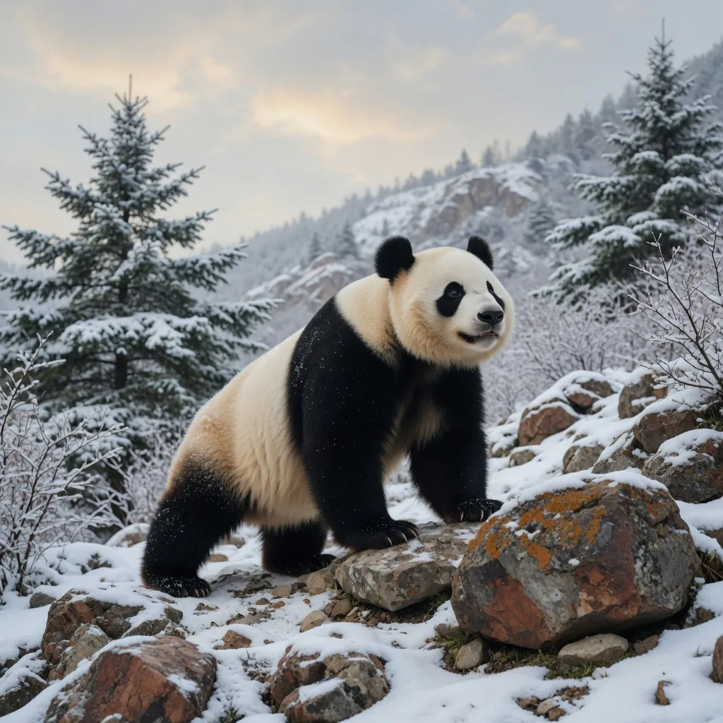 A giant panda on a mountain slope in winter China