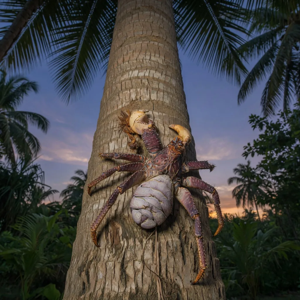 A coconut crab climbing a tall coconut palm tree trunk at dusk