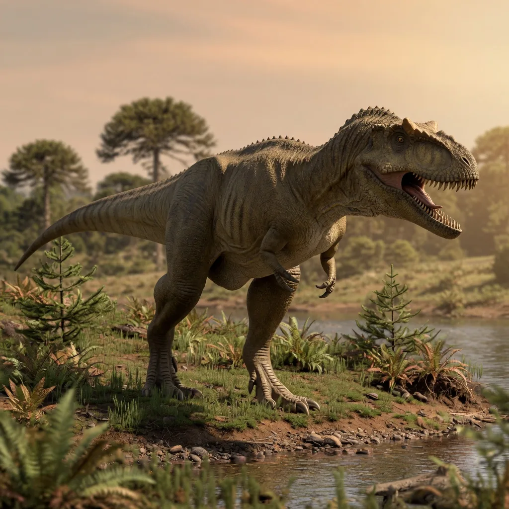 A colossal Giganotosaurus standing on a Late Cretaceous riverbank in Patagonia, showing its huge head and powerful hind legs