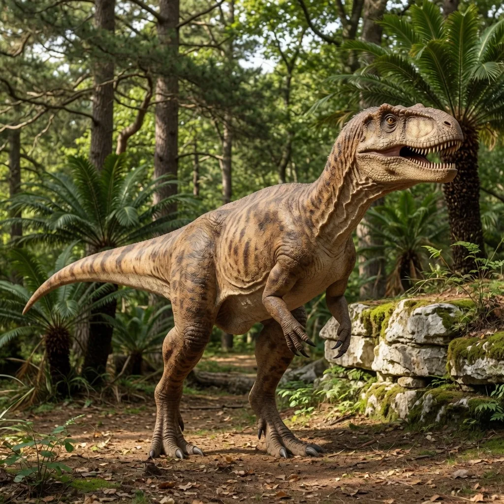 A Megalosaurus standing in a Middle Jurassic woodland, showing its long narrow skull and sturdy body