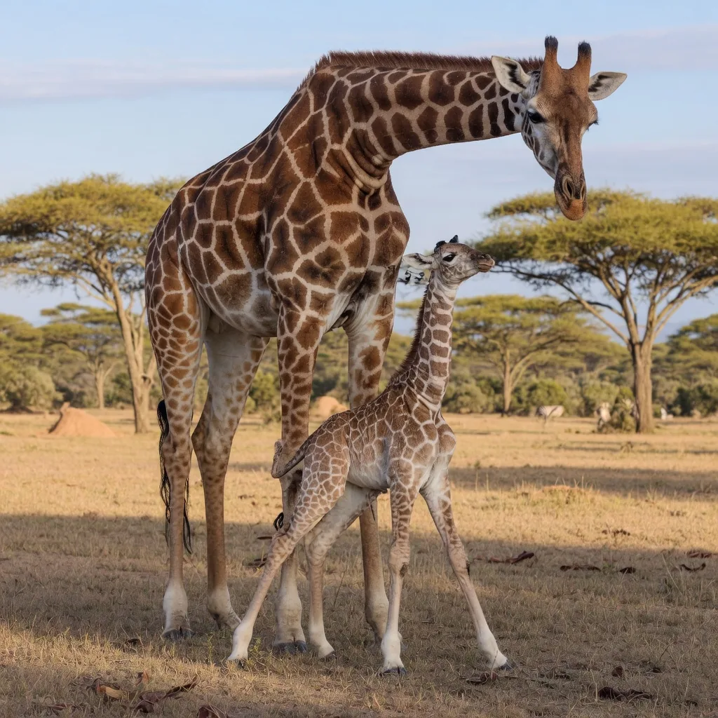 A mother giraffe standing next to her newborn calf, which is already 6 feet tall