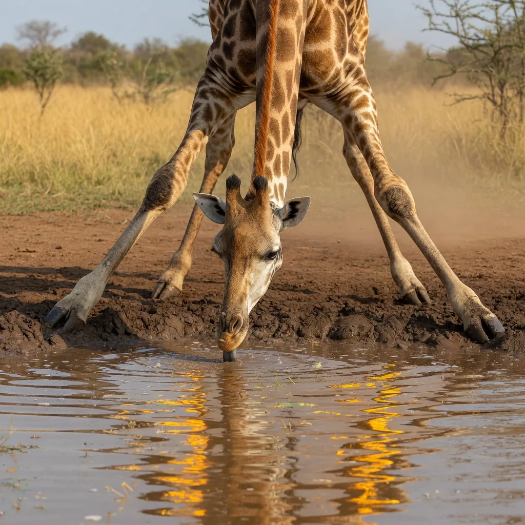 A giraffe splaying its front legs wide to bend down and drink from a waterhole