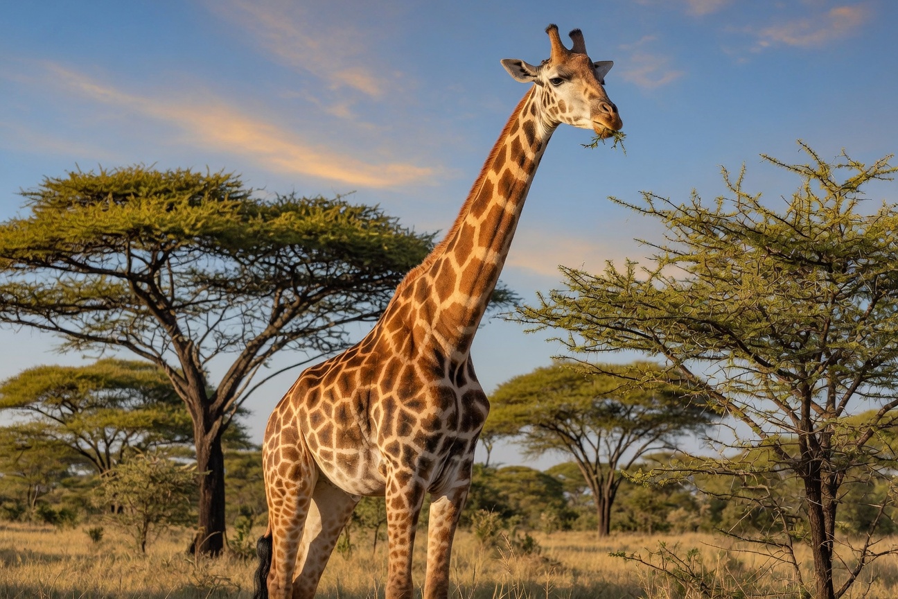 A giraffe stands in a grassy savanna eating leaves from an acacia tree.