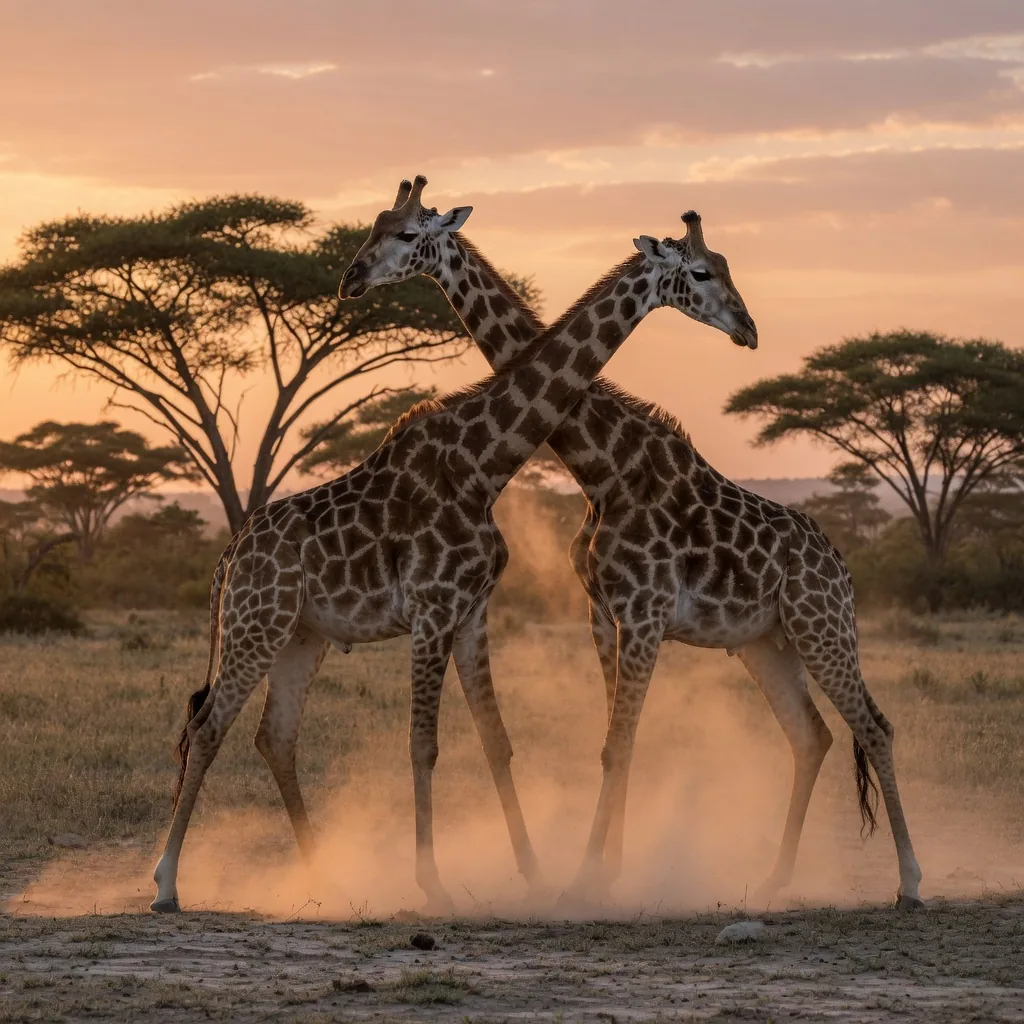 Two male giraffes swinging their long necks at each other in a necking contest on the savanna