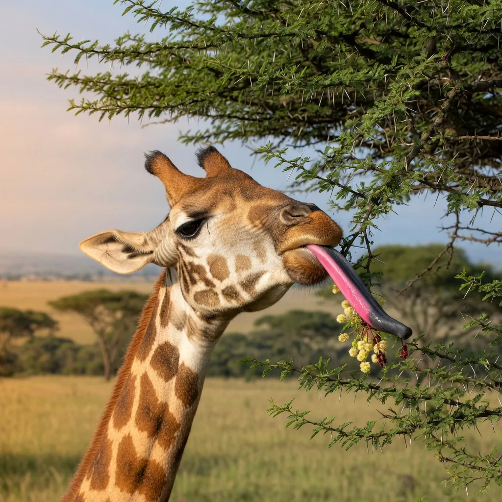 A giraffe's long tongue reaching for leaves on a thorny acacia tree