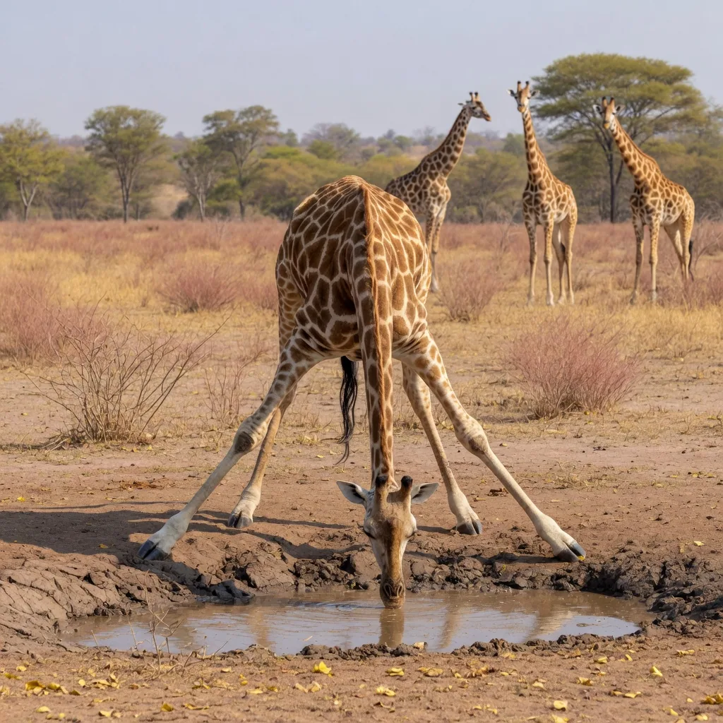 A giraffe splaying its front legs wide to bend down and drink at an African waterhole
