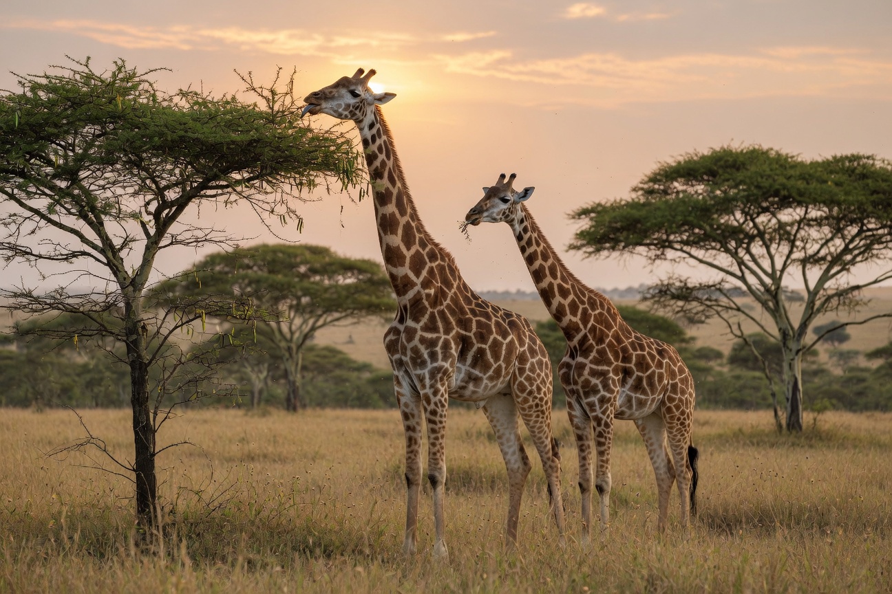 Two giraffes eat leaves from an acacia tree in a grassy savanna at sunset.